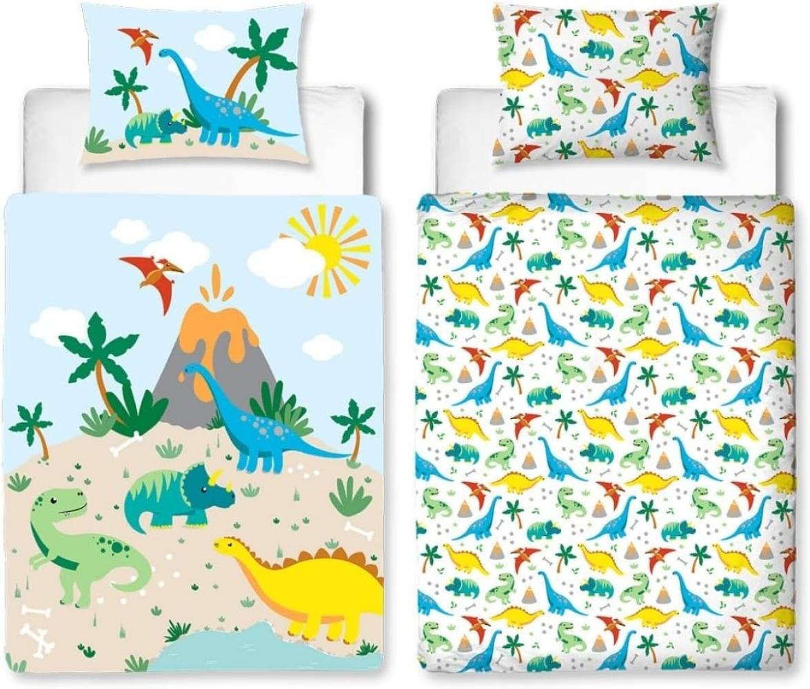 MTOnlinehandel Babybettwäsche Dino 100x135 + 40x60 cm, 100 % Baumwolle Flanell, Biber/Flanell, 2 teilig, Dinosaurier Kinderbettwäsche, fröhliches Kinderzimmer Bild 1