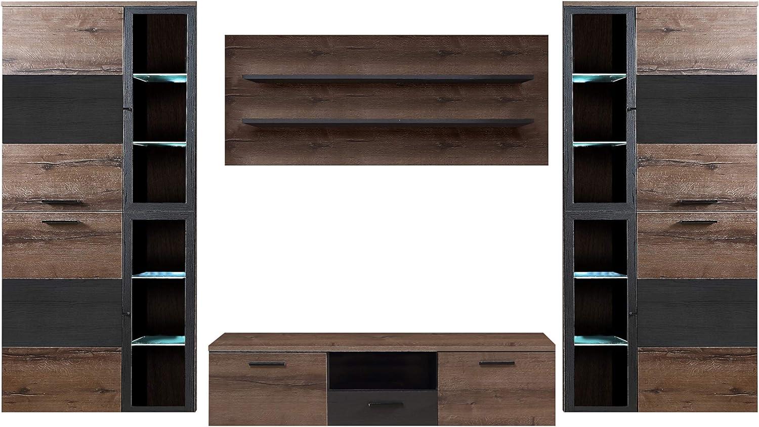 FORTE Durango Wohnwand mit LED Beleuchtung, Holzwerkstoff, Braun/Schwarz, 296 x 202,8 x 51,8 cm Bild 1