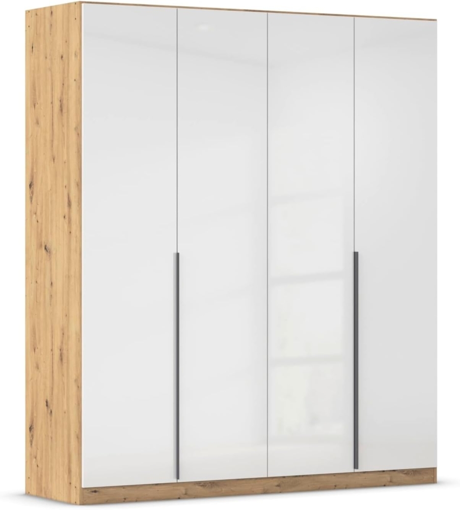 Rauch Möbel Alabama, Kleiderschrank, Garderobe, 4-türig, Zubehör Premium, 2 Kleiderstangen, 5 Einlegeböden, Schubladeneinsatz, Farbe Hochglanz Weiß/Eiche Artisan, Griff Grau metallic, 181 x 210 x 54 cm Bild 1