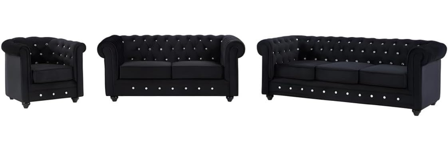 Vente-unique - Sofas 3-Sitzer, 2-Sitzer & Sessel - Samt - Schwarz mit Knöpfen in Kristall-Optik - CHESTERFIELD Bild 1