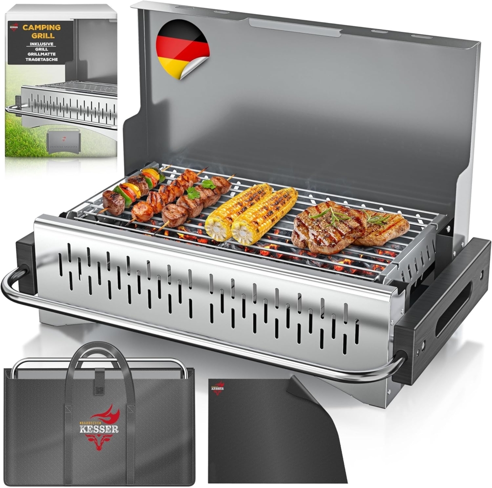 KESSER® Klappgrill tragbarer Camping Grill | Holzkohlegrill aus pulverbeschichtetem Stahl inklusive Grillrost, Grillmatte & Tragetasche | Faltbar BBQ ideal für Camping, Picknick & Angeln Silber, Ohne Beine Bild 1
