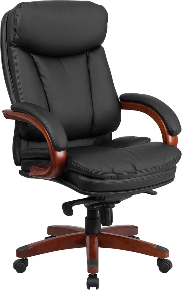 Flash Möbel Hohe Rückseite Leder Executive Drehstuhl mit Synchro-tilt Mechanismus, Mahagoni Holz Boden und Arme, Metall, schwarz, 85.09 X 67.31 X 41.27 cm Bild 1