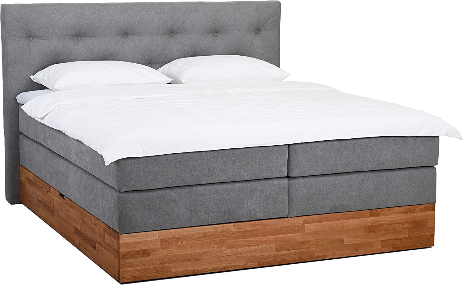 Belanoti MARBO Boxspringbett 180x200 mit Bettkasten 7-Zonen Taschenfederkern Matratze inklusive Visco Topper Bett 180x200 Eiche in der Farbe Hellgrau H2/H3 Polsterbett mit Massivholz Eiche Bild 1