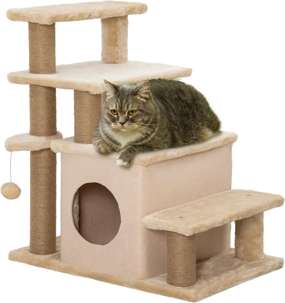 PawHut Haustiertreppe 3/4-stufige höhenverstellbare Hundetreppe (Katzentreppe, 1-St, Hunderampe), Aufstiegshilfe für Katzen bis 5 kg, Beige Bild 1