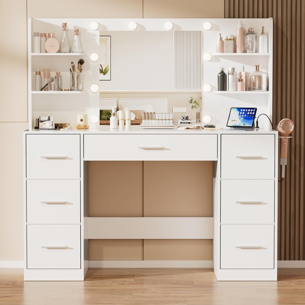 JUMMICO Große Schminktisch mit Verstellbaren LED-Beleuchtung und Steckdosen, Schminktisch mit Spiegel und 7 Schubladen, Fashionabler Frisiertisch Mit 10 LED Beleuchtung Schlafzimmer, Weiß Bild 1