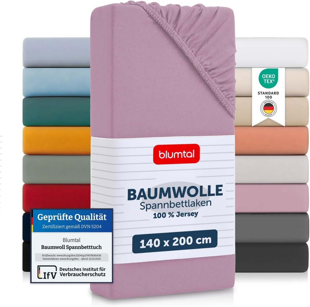 Blumtal® Baumwolle Spannbettlaken 140x200 cm Basics Jersey - Bettbezug 140x200 cm - Oeko-TEX zertifiziertes Spannbetttuch 140x200 cm - Matratzenbezug 140x200 cm - Bettbezug - Leintuch - Dusty Orchid Bild 1