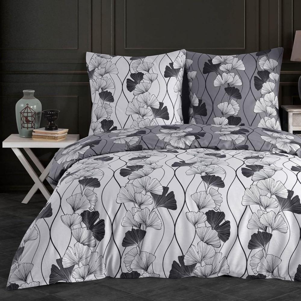 Buymax Bettwäsche Cornelia, Renforce: 100% Baumwolle, 3 teilig, 200x220 cm, mit Reißverschluss, Bettbezug-Set, Blumen, Grau, Schwarz Bild 1