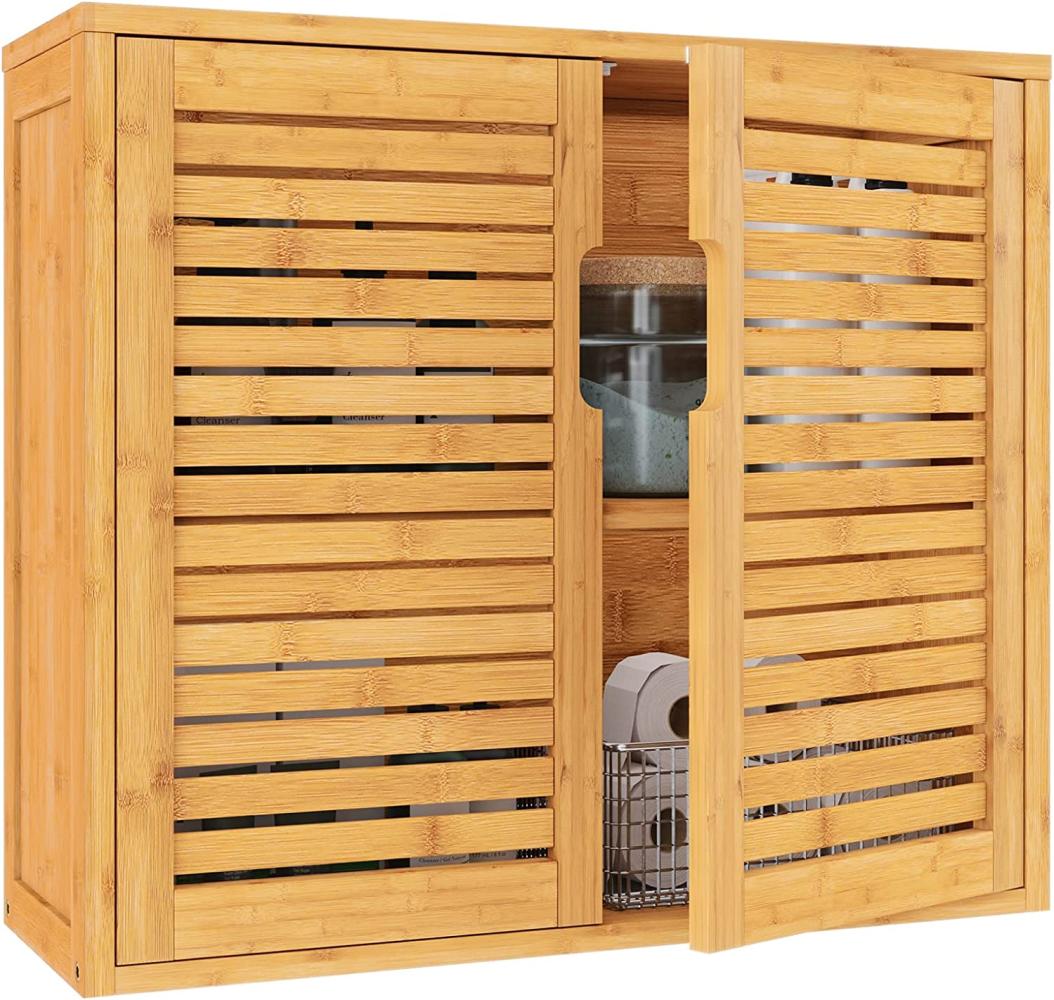 VIAGDO Badezimmerschrank Hängend Bambus Wandschrank, Hängeschrank Küchenschrank Badezimmer Regal Medizinschrank mit höhenverstellbarer Regalebene, Badschrank Wandmontage, Wandregal, 20. 7 x 59 x 51 cm Bild 1