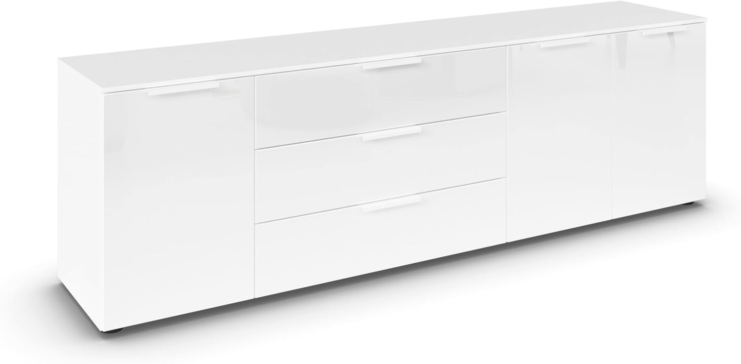 Rauch Möbel Flipp, Sideboard, TV-Schrank, Kommode mit Stauraum, Alpinweiß/Glasfront Weiß, 3-türig, Glastüren, 3 Schubkästen, Griffe weiß, 199x61x42cm Bild 1