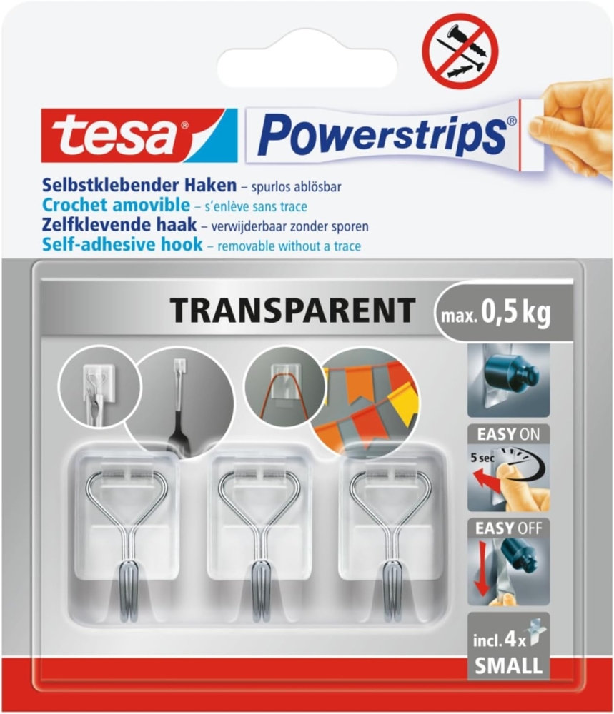 tesa Klebehaken Powerstrips Small - selbstklebende Haken mit abnehmbaren Drahthaken, (Packung, 1-St, Wandhaken mit bis zu 0,5 kg Halt pro Stück, 3 Haken, 4 Powerstrips), ablösbar, wiederverwendbar, transparenter Dekohaken, ohne Bohren Bild 1