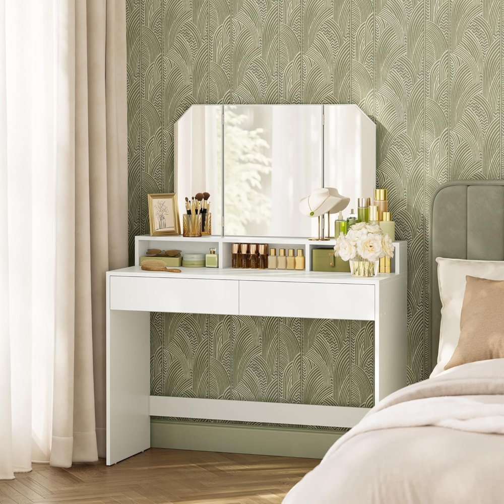 Vasagle Schminktisch, Frisiertisch mit Klappspiegel und 2 Schubladen, Kosmetiktisch mit 3 offenen Fächern, Frisierkommode, für Make-up, modern, weiß Bild 1