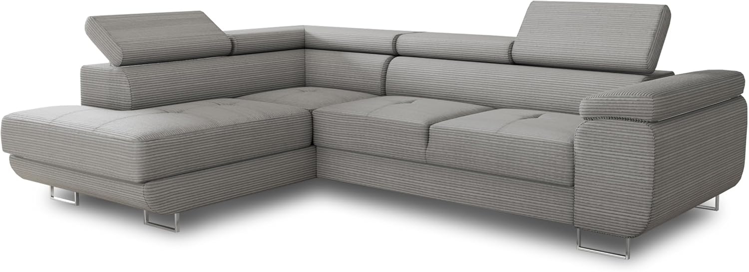 Ecksofa Caris mit Schlaffunktion und einstellbare Kopfstützen, Cord Stoff, Wohnlandschaft mit Bettkasten, Couch, Sofa, Bettsofa (Grau (Poso 110), Ecksofa Links) Bild 1