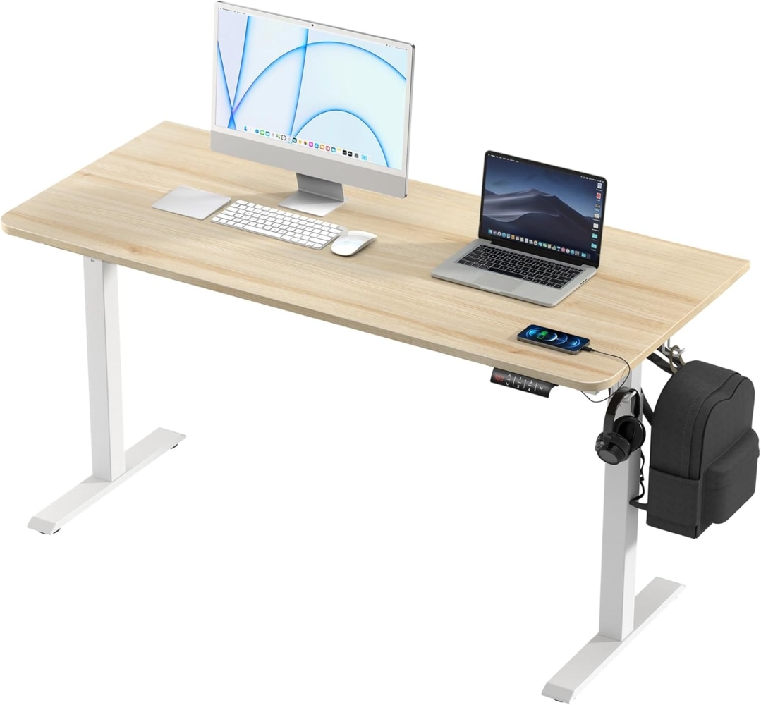 KOWO 160x70 cm Schreibtisch Elektrisch Höhenverstellbar mit Touchscreen, Ergonomischer Steh-Sitz Stehschreibtisch Verstellbar 73-120cm Hoch, Weiße Stahlfüße und Beige Tischplatte Bild 1