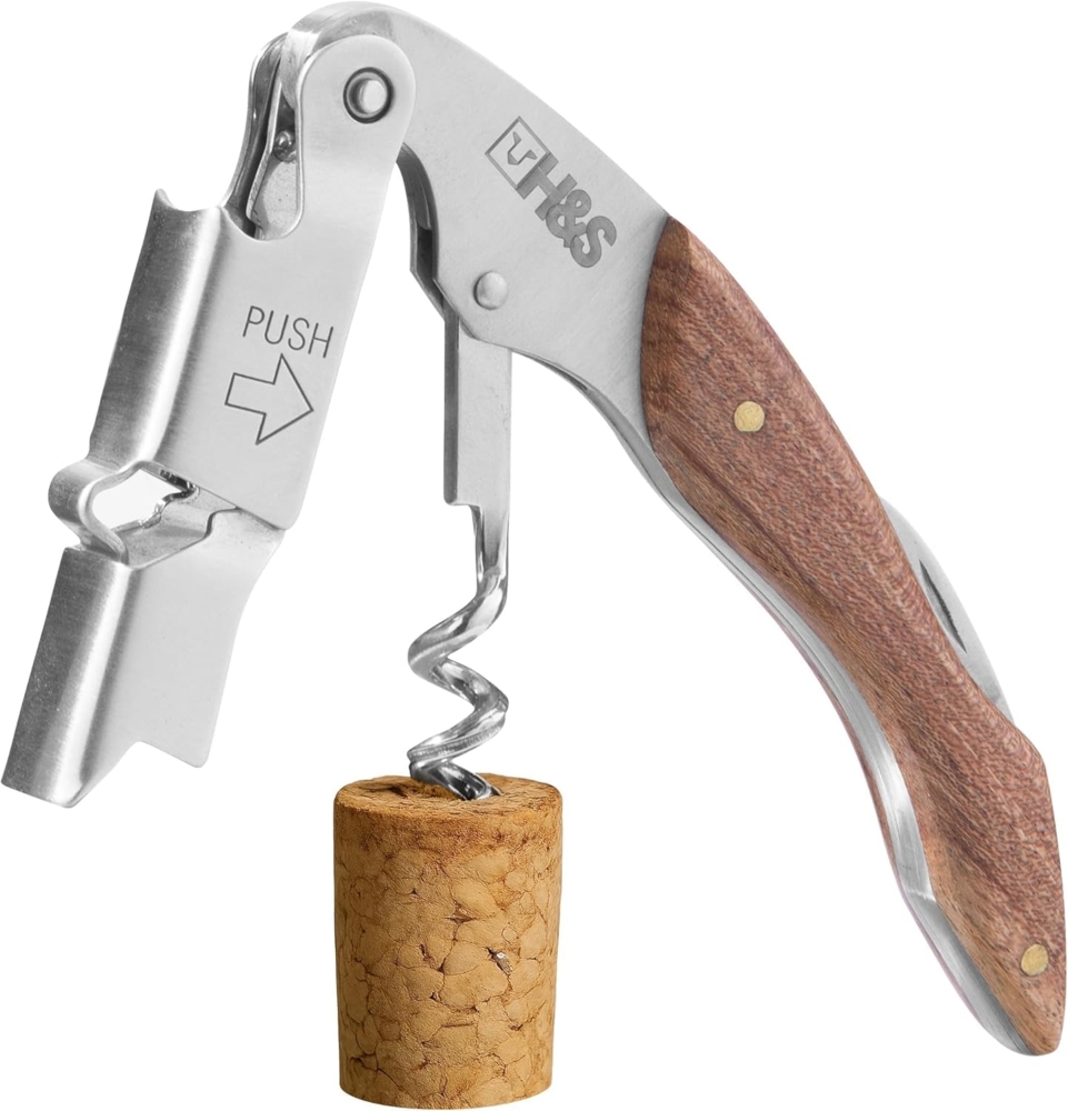 H&S Korkenzieher Edelstahl Kellnermesser 3-in-1 Funktion Profi Wein Korkenzieher, (1 tlg), Weinöffner mit Sommelier Messer & Holz Griff Weinöffner Holzgriff Bild 1