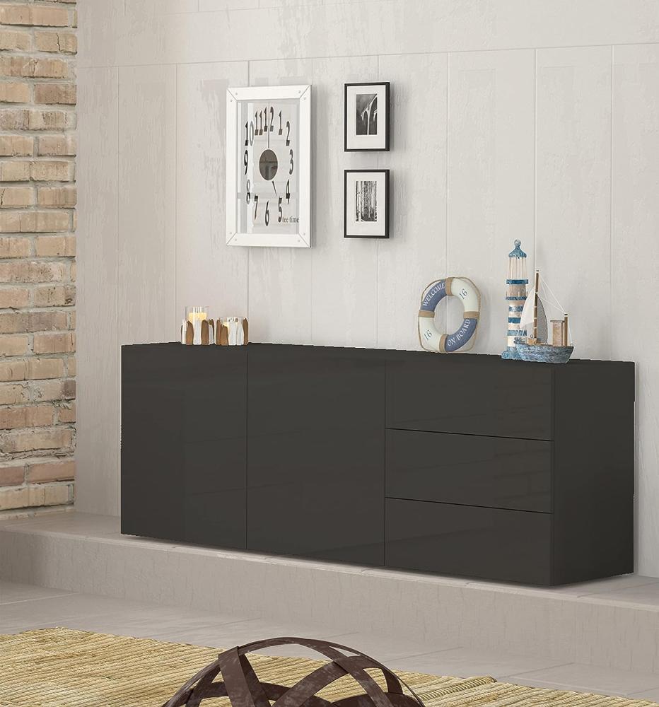 Dmora Modernes Sideboard mit 2 Türen und 3 Schubladen, Made in Italy, Küchen-Sideboard, Wohnzimmer-Design-Buffet, 170x40h35 cm, Farbe Anthrazit glänzend Bild 1