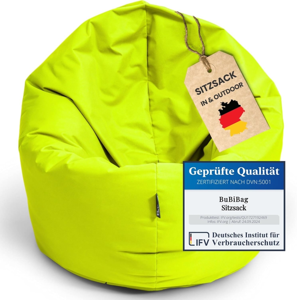 BubiBag Sitzsack für Erwachsene -Indoor Outdoor XL Sitzsäcke, Sitzkissen oder als Gaming Sitzsack, geliefert mit Füllung (125 cm Durchmesser, Lime) Bild 1