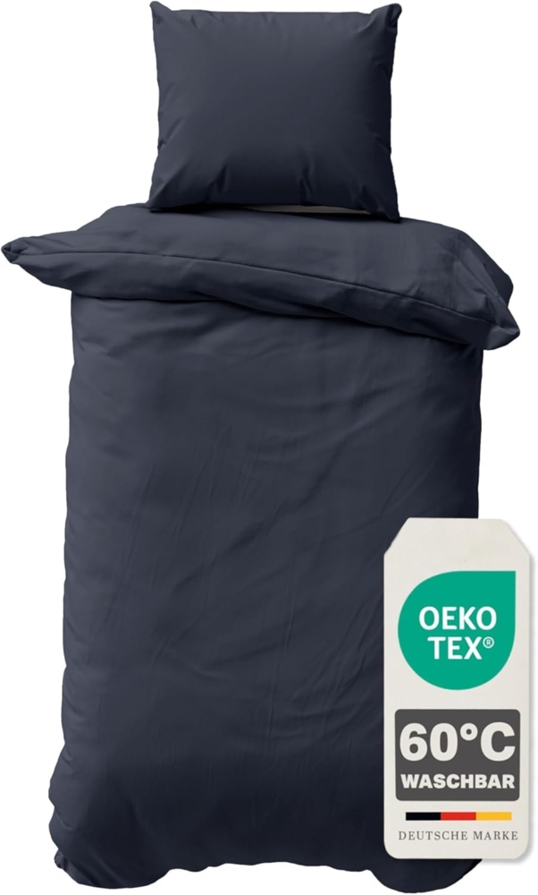 Müskaan - 2 teilig Renforcé Uni Bettwäsche mit Kopfkissen Garnitur, Reißverschluss - für Allergiker geeignet, atmungsaktiv, Navyblau, 155x220 + 80x80 cm, 100% Baumwolle Bild 1