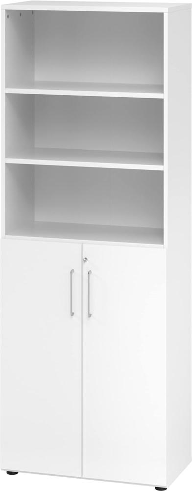 bümö® smart Aktenschrank abschließbar aus Holz | Büroschrank für Aktenordner | Büro Schrank System für Ordner | Flügeltürenschrank inkl. Einlegeböden (Weiß, Regal-& Schrankkombi) Bild 1