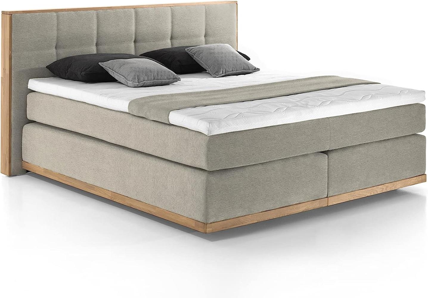 Mivano Levana Boxspringbett mit Sockel aus Eiche, 7-Zonen-Federkern, Matratzen H3 + Topper Basic, Chenille, Beige, Liegefläche 160 x 200 cm Bild 1