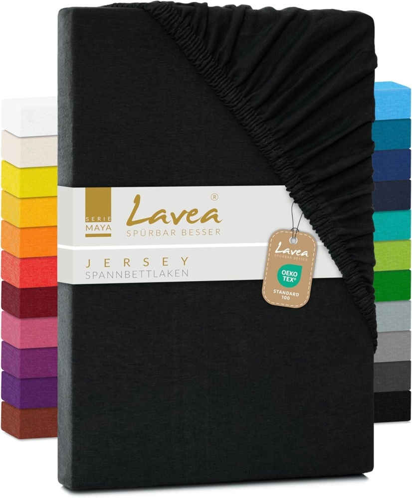 Jersey Spannbettlaken, Spannbetttuch, Lavea Serie Maya, 180x200 cm | 200x200 cm, Schwarz, 100% Baumwolle, hochwertige Verarbeitung, mit Gummizug Bild 1