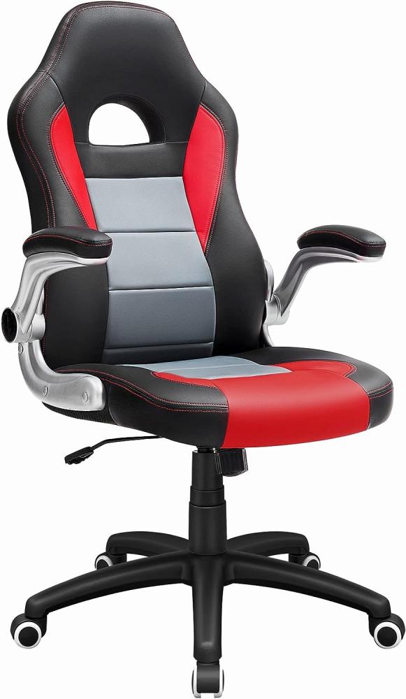 Songmics Gamingstuhl, Racing Chair, Schreibtischstuhl mit hoher Rückenlehne, Bürostuhl, höhenverstellbar, hochklappbare Armlehnen, Wippfunktion, für Gamer, schwarz-grau-rot, OBG28BR Bild 1