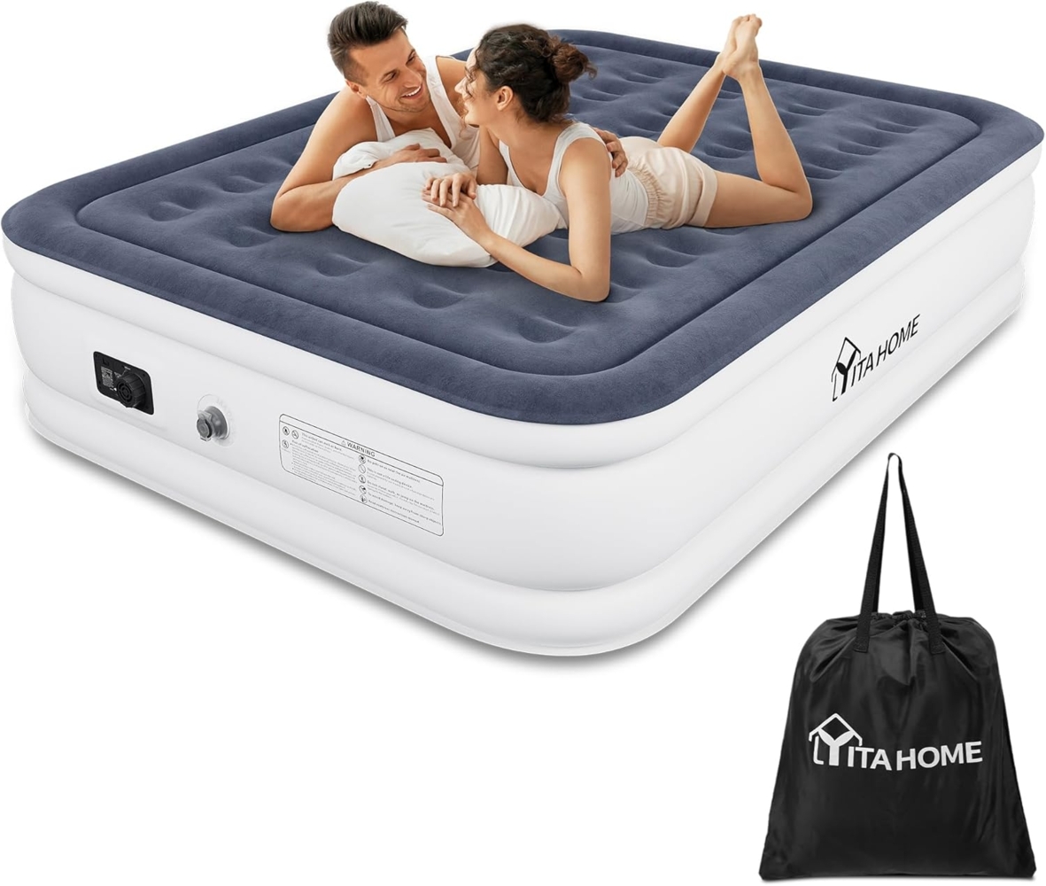 YITAHOME 2x1,5 m Luftmatratze 2 Personen, Selbstaufblasend Luftbett mit Integrierter Elektrischer Pumpe, Aufblasbare Matratze Bett mit Tasche für Gästezimmer, Weiß/Blaugrau Bild 1