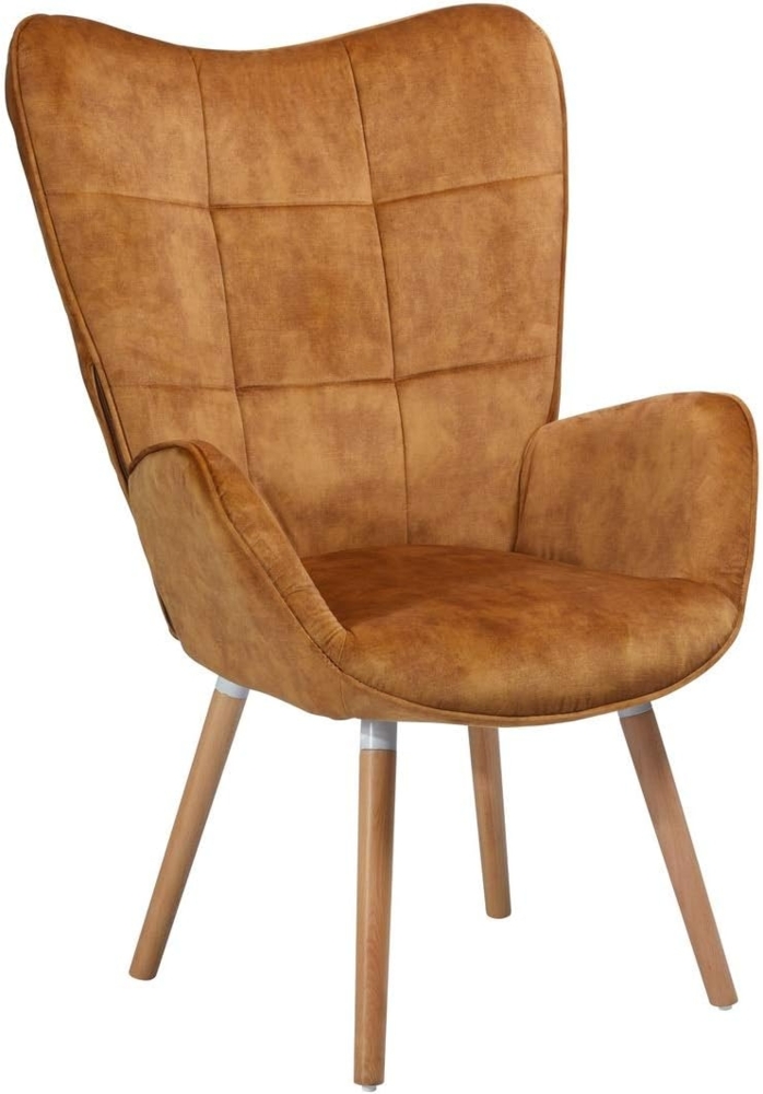 MEUBLE COSY Sessel Lounge Relaxstuhl Polstersessel Lesesessel Armlehnstuhl Stuhl mit Rückenlehne Massivholz Stoff Kissen Braun, Bogdan Mustard Dark Wood Leg Bild 1