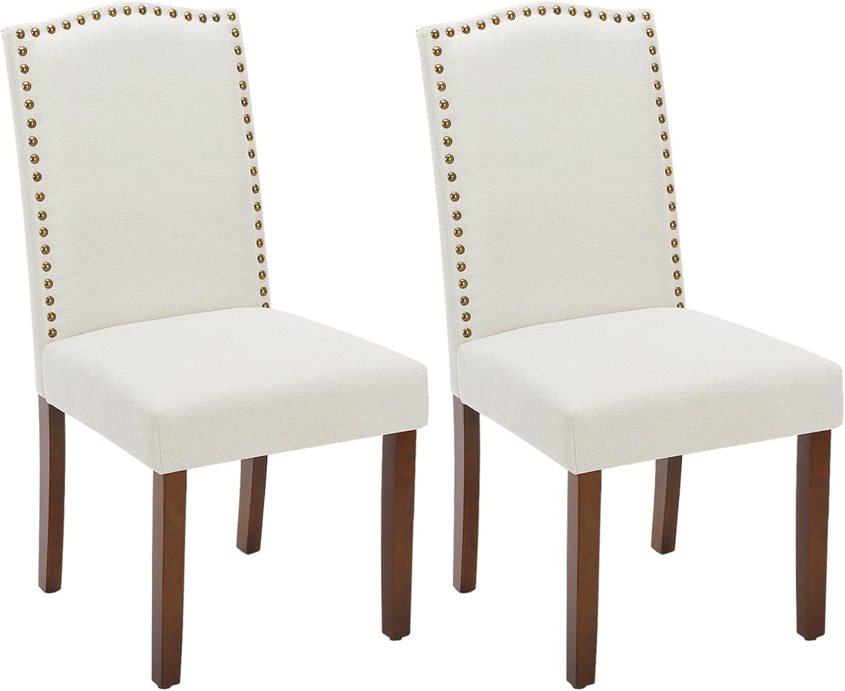 Sweetcripy Esszimmerstühle 2er-Set, hochwertiger gepolsterter Esszimmerstuhl aus Leder mit Nagelkopfbesatz und Holzbeinen, Esszimmerstuhl für Schlafzimmer, Wohnzimmer, Esszimmer, Beige Bild 1