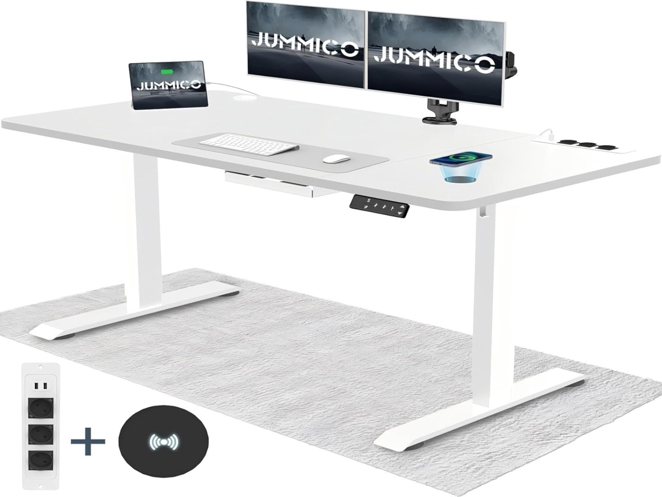 JUMMICO Höhenverstellbarer Schreibtisch mit Kabelloser Ladestation und Euro-Steckdose mit USB, Schreibtisch Höhenverstellbar Elektrisch Stehtisch, Standing Desk (Weiß 180x80 cm) Bild 1