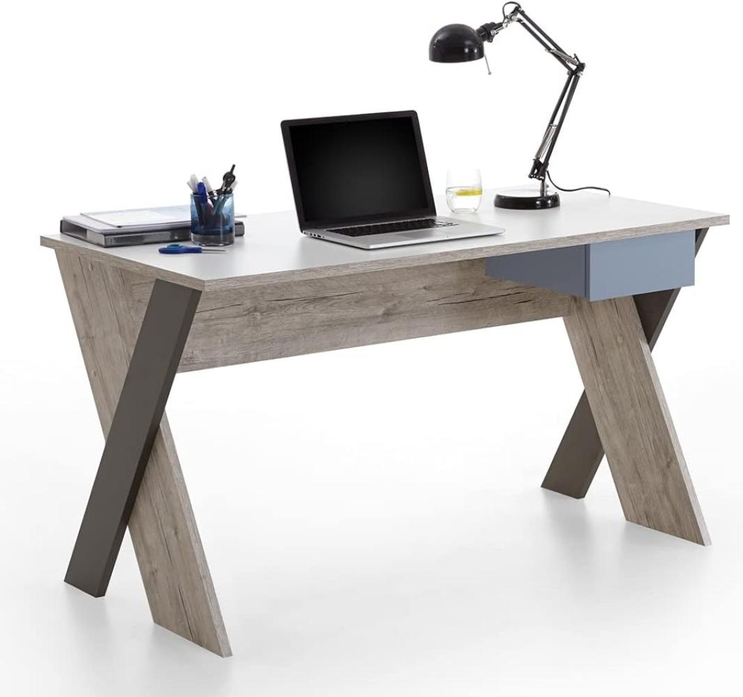 Lomadox Schreibtisch LEEDS-10, Schreibtisch Sandeiche Nb./weiß/Lava/Denim, BxHxT 135x76,4x67,5 cm Bild 1