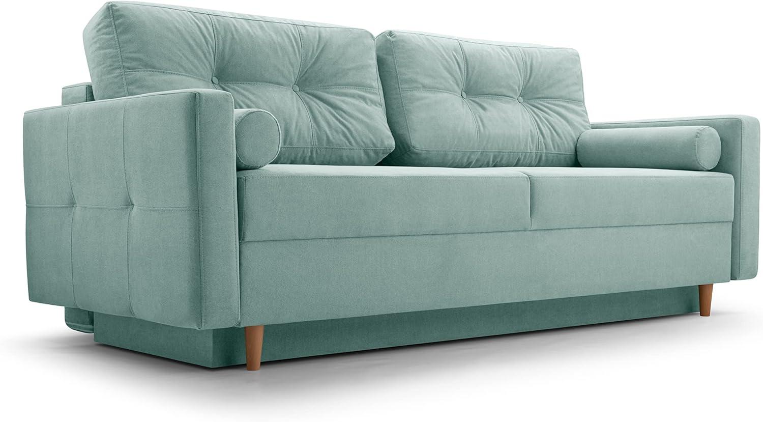 Schlafsofa Sofa Pastella Couch Ausklappbares Sofa Schlaffunktion Bettkasten - Kissen Bettzeugbehälter Hilfsautomat - Wohnzimmer, Gästezimmer Modern Design (Queens 18 Grün) Bild 1