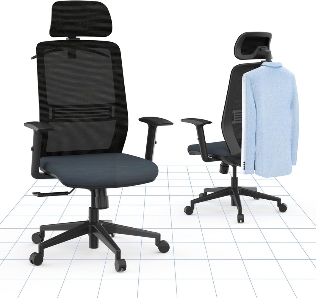 FLEXISPOT Bürostuhl Ergonomisch, Schreibtischstuhl mit Kleiderhaken, Kopfstütze und Lordosenstütze, Büro Stuhl Lift Armlehne, Computerstuhl höhenverstellbar, Drehstuhl 136 kg, OC17 (Schwarz und blau) Bild 1