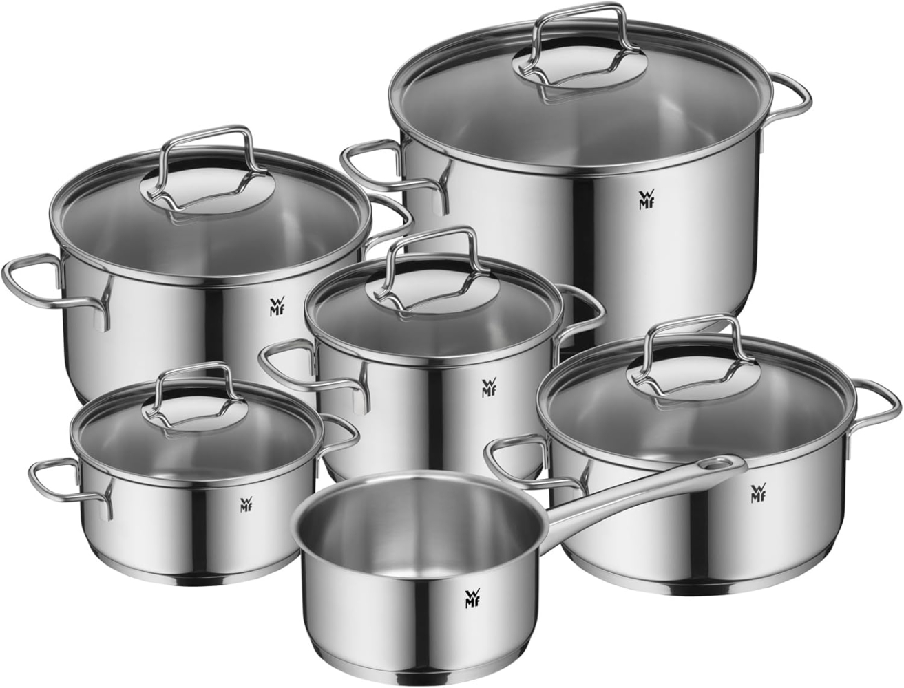 WMF Topf-Set Astoria, Cromargan® Edelstahl Rostfrei 18/10 (Set, 11-tlg, 2x Bratentopf mit Deckel, 3x Kochtopf mit Deckel, 1x Stielkasserolle), 11-teilig, hochglanzpoliert, mit Schüttrand, TransTherm-Allherdboden Bild 1