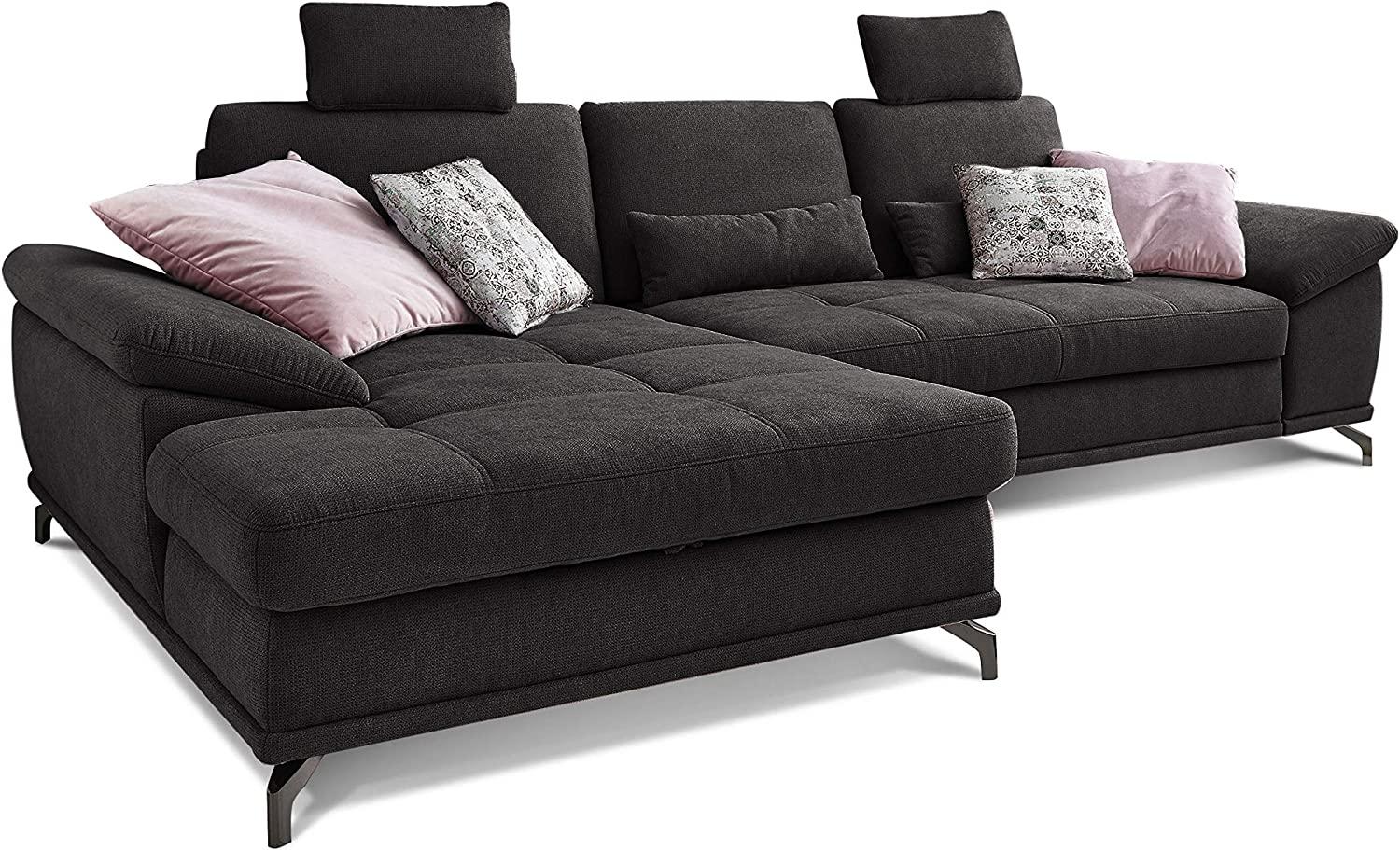 Cavadore L-Form-Sofa Castiel mit Federkern / Großes Schlafsofa in L-Form mit Bettkasten, Sitztiefenverstellung, Kopfstützen und XL-Longchair / 312 x 114 x 173 / Webstoff, Schwarz Bild 1