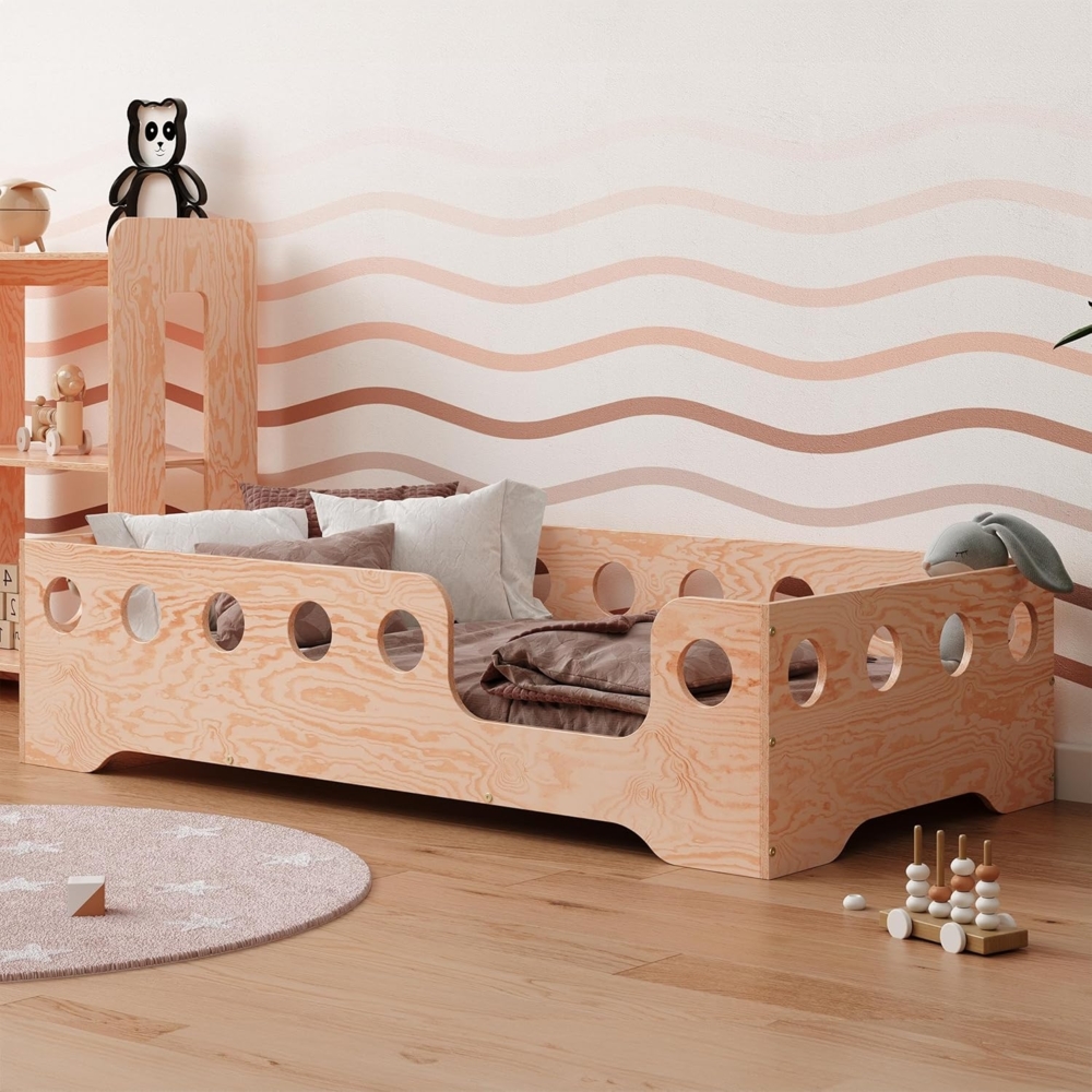 smartwood Kinder Bodenbett 90x180 cm – Kinderbett aus umweltfreundlichem Holz mit Rausfallschutz – Montessori Bett mit wählbarem Einstieg – Max. Belastung 230 kg – TILA 4P Bild 1