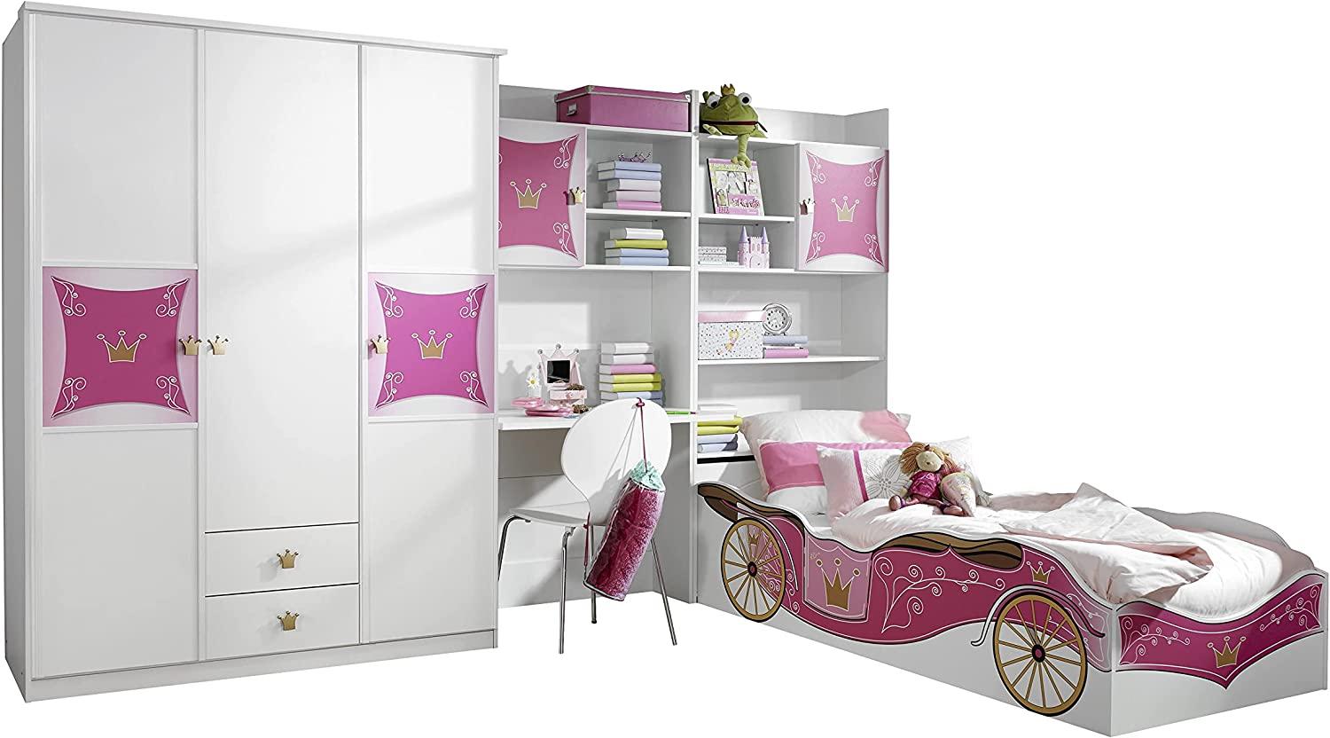 Rauch Möbel Kate Kinderzimmer Mädchenzimmer, Weiß / Motiv Prinzessin, Rosa, Gold, Set bestehend aus Kleiderschrank, Bett, Schreibtisch- und Bettschrank, Gesamtmaße BxHxT 326x199x238 cm Bild 1