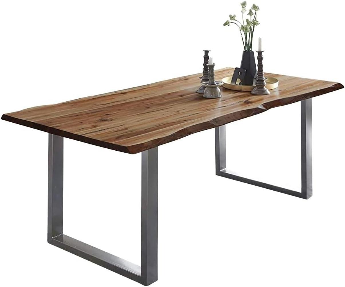 SAM Baumkantentisch 180x90 cm Mephisto, Akazienholz massiv + naturfarben lackiert, Esstisch mit Silber lackiertem U-Gestell, Esszimmertisch/Holztisch im Industrial-Design, Tischplatte 26 mm Bild 1