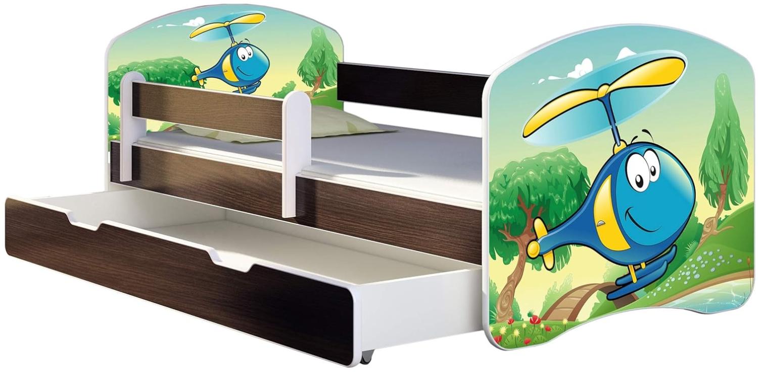 ACMA Kinderbett Jugendbett mit Einer Schublade und Matratze Wenge mit Rausfallschutz Lattenrost II 140x70 160x80 180x80 (35 Hubschrauber, 160x80 + Bettkasten) Bild 1