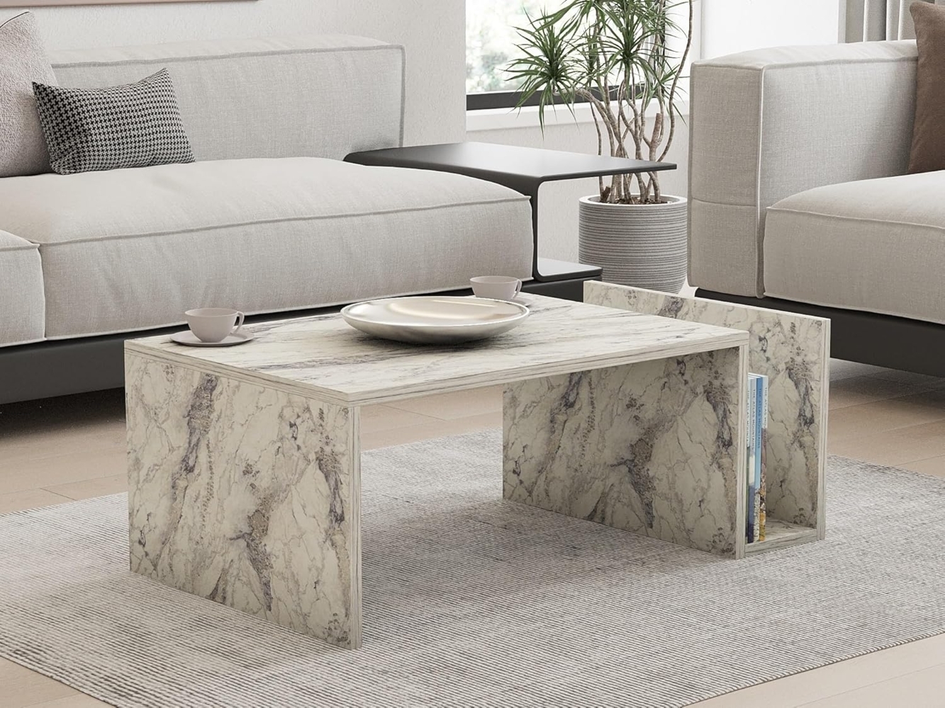 Elegant Freesia Marble Coffee Table, 86.8 cm | 100% Melamine Coated Particle Board, 18 mm Thick | Wall-Mountable Design with Lower Shelf | Modern Home Decor Bild 1