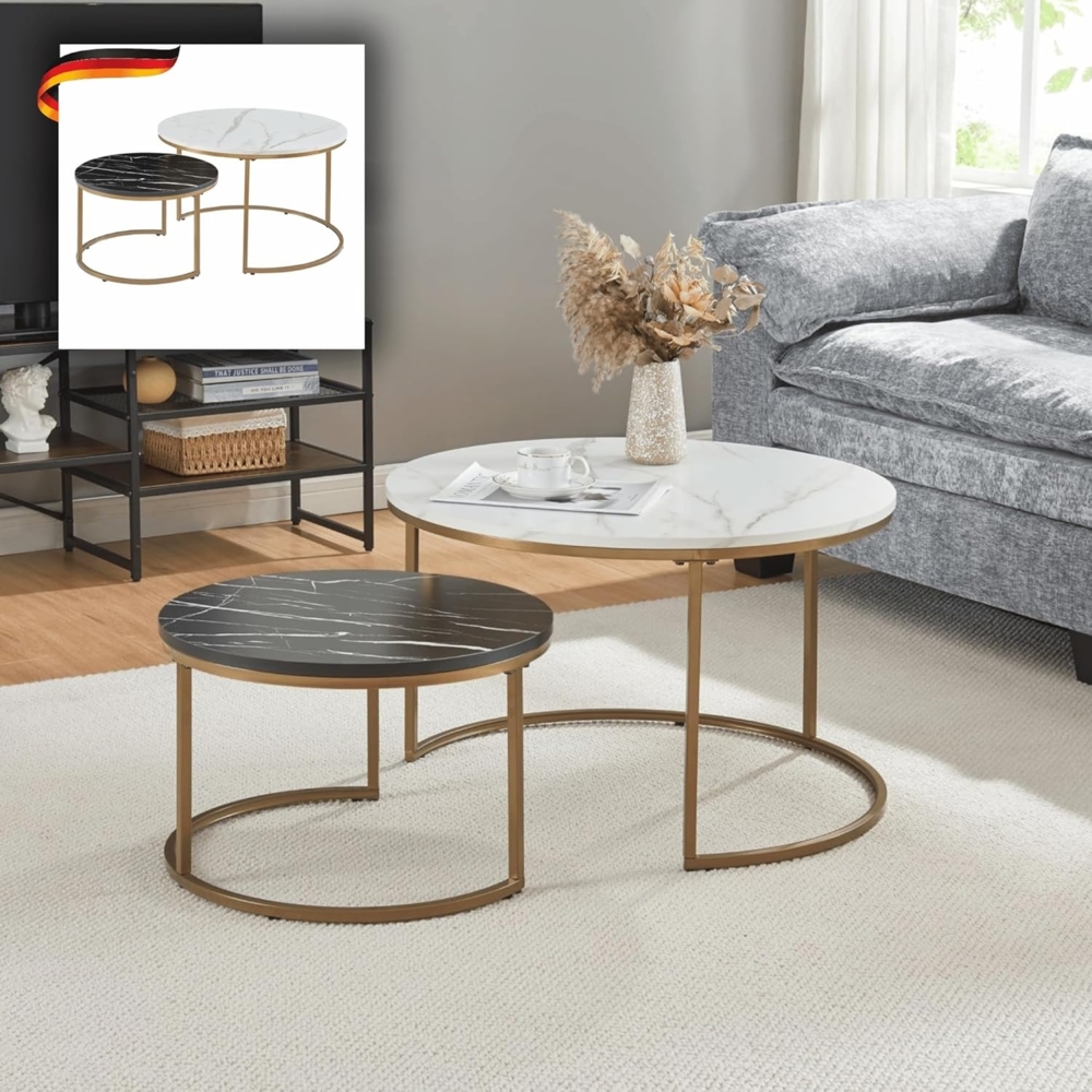 DELUKE® Couchtisch rund 2er Set RIO - Zusammenschiebbar Sofatisch rund Stubentisch Wohnzimmertisch Kaffeetisch Beistelltisch Tisch für Couch Weiß-Schwarz Bild 1