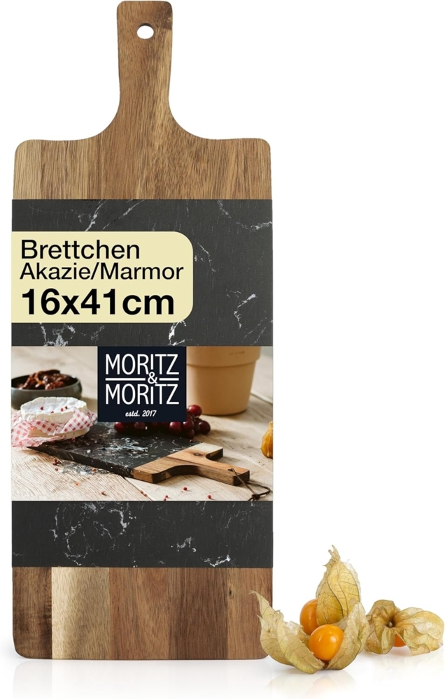 Moritz & Moritz Servierbrett Servierbrett Holz mit Marmor-Platte, Akazienholz/Marmor, (41x16x1,3 cm, 1-St), zum Anrichten und Servieren von Käse, Fisch, Fleisch u.v.m. Bild 1