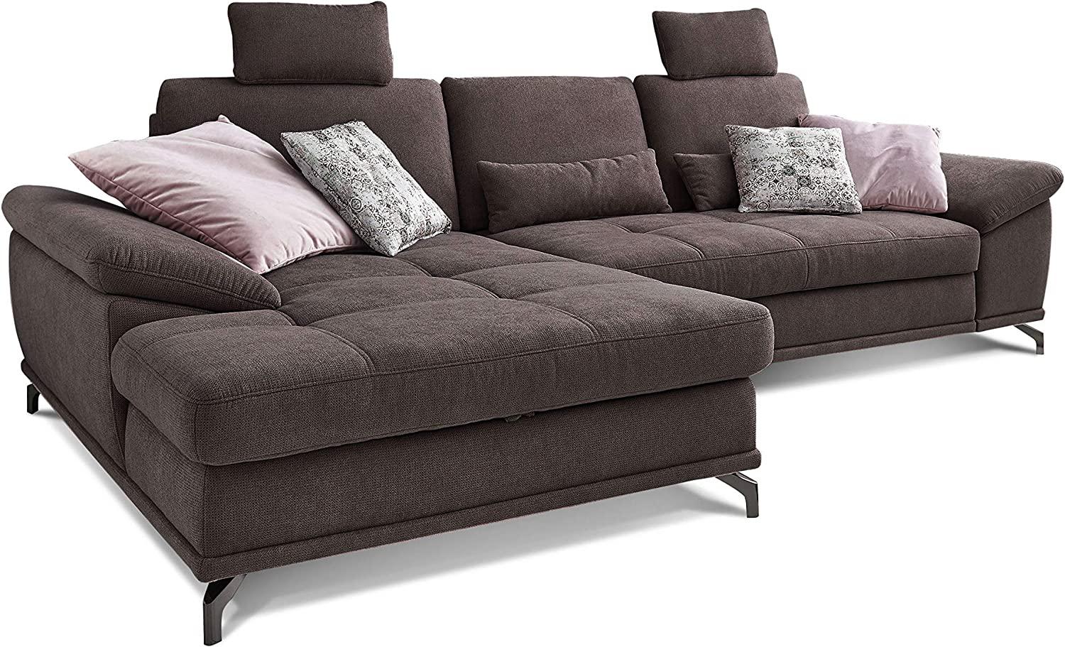 Cavadore L-Form-Sofa Castiel mit Federkern / Großes Schlafsofa mit Bettfunktion, Sitztiefenverstellung, Kopfstützen und XL-Longchair / 312 x 114 x 173 / Webstoff, Dunkelbraun Bild 1