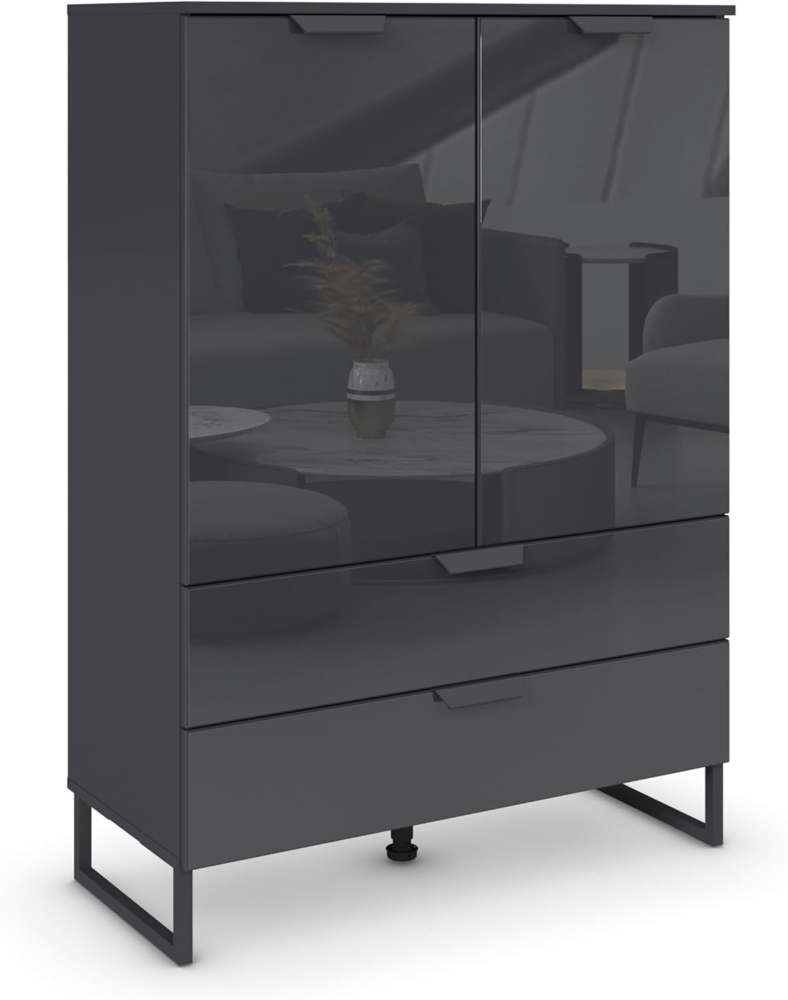 Rauch Möbel Modern by Aditio Hochkommode, Kommode, Highboard, Türkommode, Schrank, 2-türig, 2 Glastüren, 2 Schubladen, Soft-Close, Kufenfuß, Farbe Glas Basalt/Grau metallic, Schwarz, 93 x 130 x 44 cm Bild 1