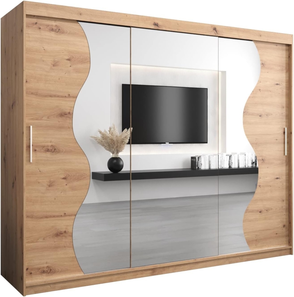 KRYSPOL Schwebetürenschrank Madryt 250 cm mit Spiegel Kleiderschrank mit Kleiderstange und Einlegeboden Schlafzimmer- Wohnzimmerschrank Schiebetüren Modern Design (Artisan Eiche) Bild 1