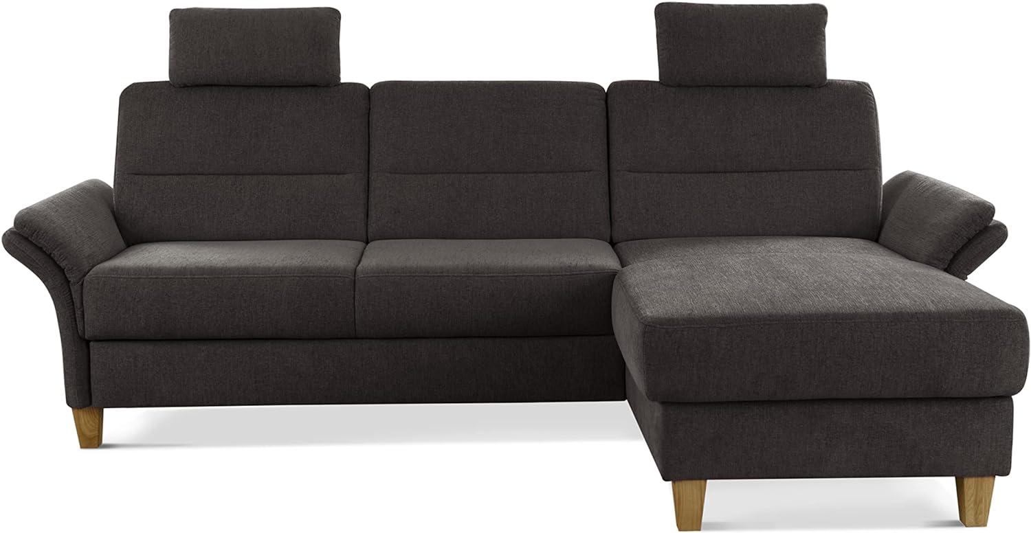 CAVADORE Ecksofa Wyk mit Federkern / Eckcouch im Landhaus-Stil mit Longchair, 2 Kopfstützen + Holzfüßen / 252 x 90 x 162 / Chenille, Braun Bild 1