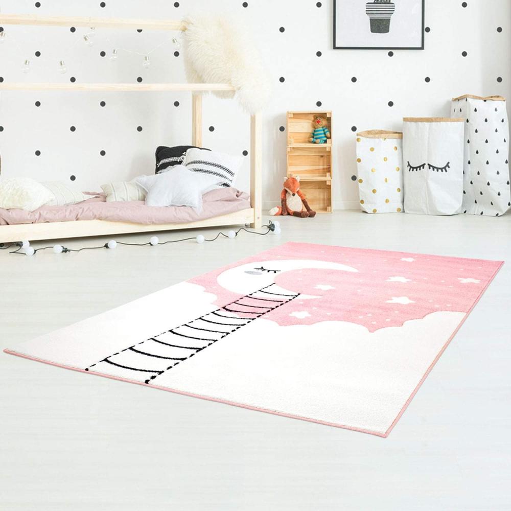 Kinderteppich Flachflor Bueno Konturenschnitt mit Mond Wolken Sterne in Rosa Creme für Kinderzimmer; Größe: 160x230 cm Bild 1