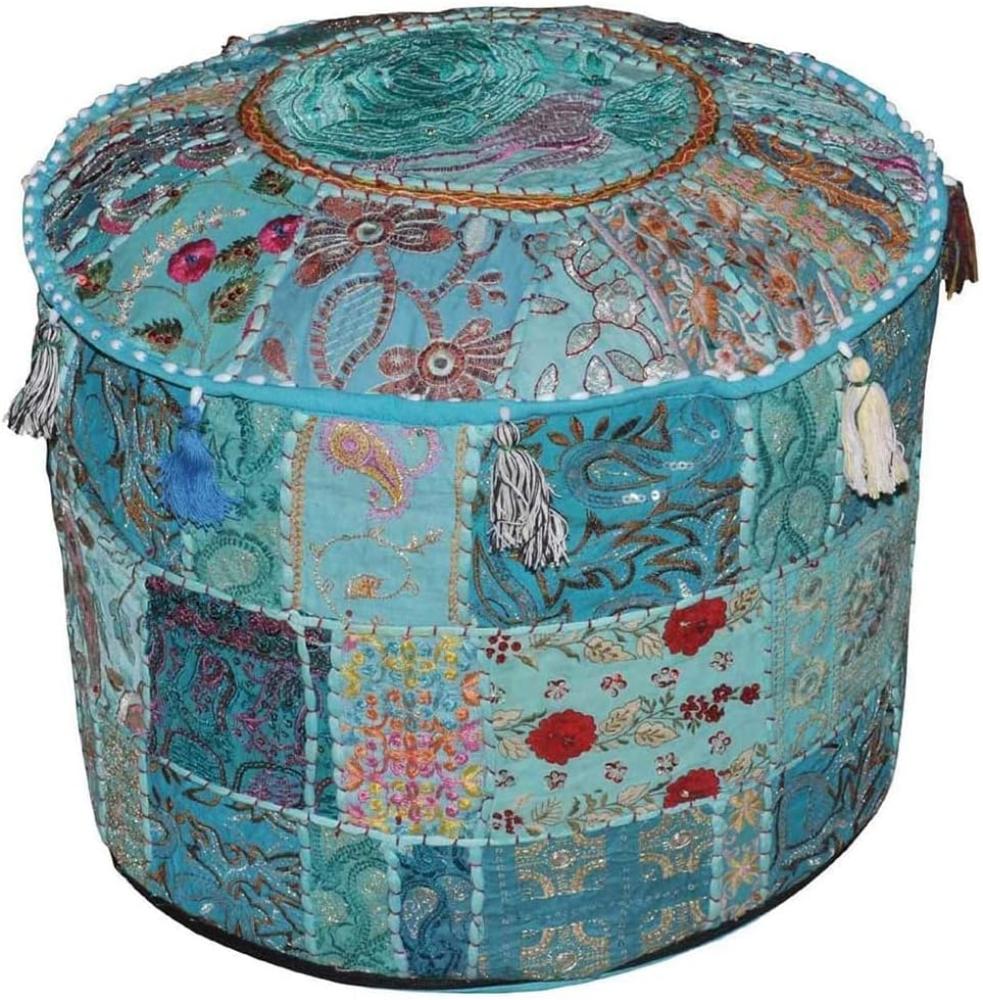 Aakriti Indian Pouf Fußhocker mit Stickerei Pouf, indische Baumwolle, Pouffe osmanischen Pouf Cover mit ethnischem Dekor Kunst - Cover (Turquoise, 56x35 cms) Bild 1