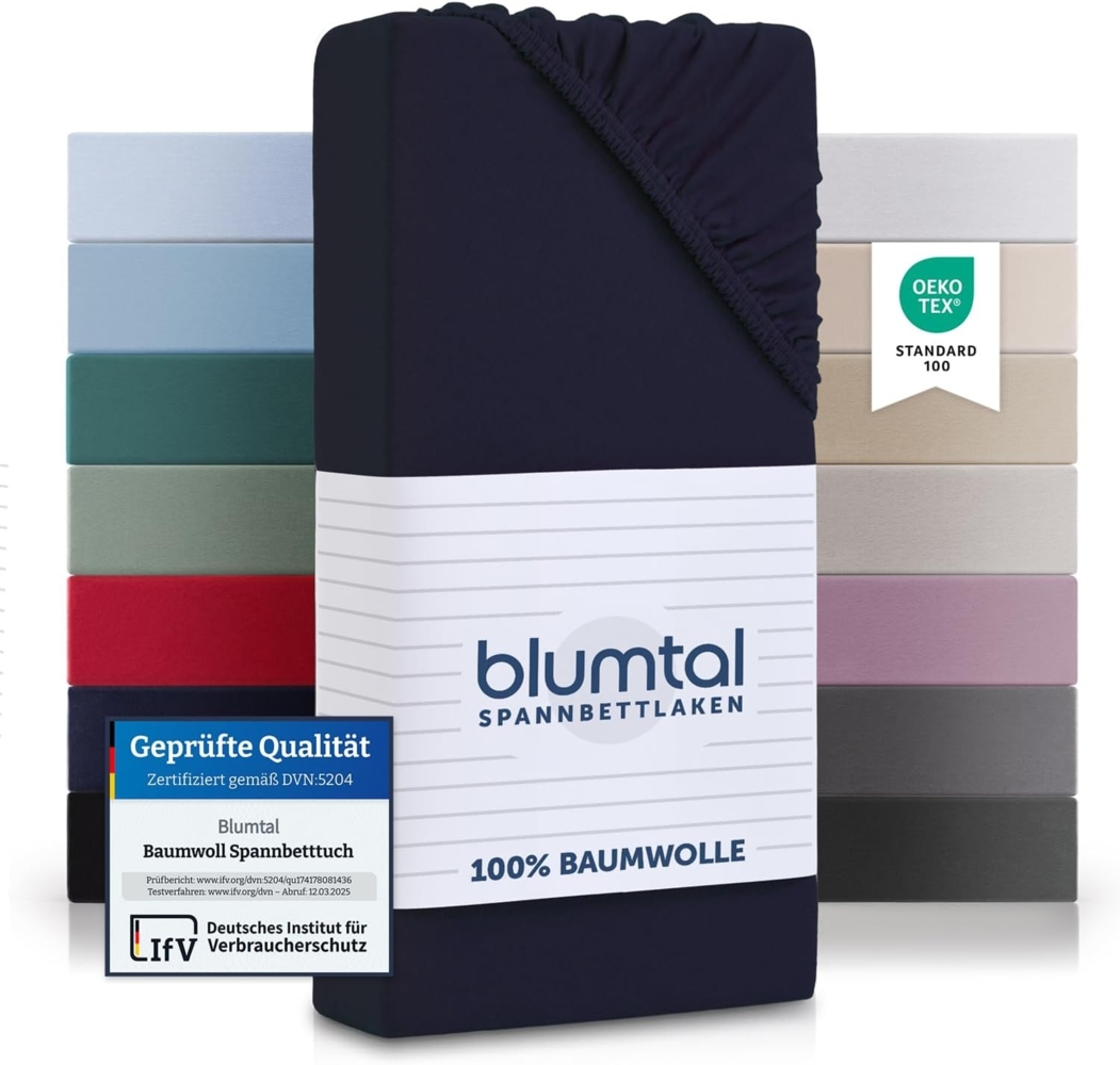 Blumtal® Basics Jersey (2er-Set) Spannbettlaken 160x200 cm -Oeko-TEX Zertifiziert, 100% Baumwolle Bettlaken, bis 7cm Topperhöhe, Dark Ocean Blue - Blau Bild 1