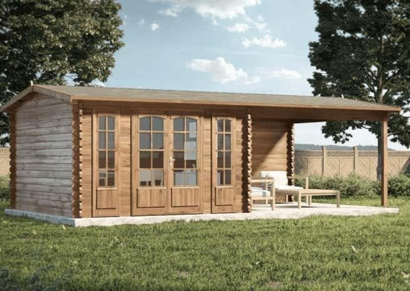 Alpholz Gartenhaus Freiburg-44 ISO Gartenhaus aus Holz in Braun Holzhaus mit 44 mm Wandstärke inklusive Terrasse Blockbohlenhaus mit Montagematerial Bild 1