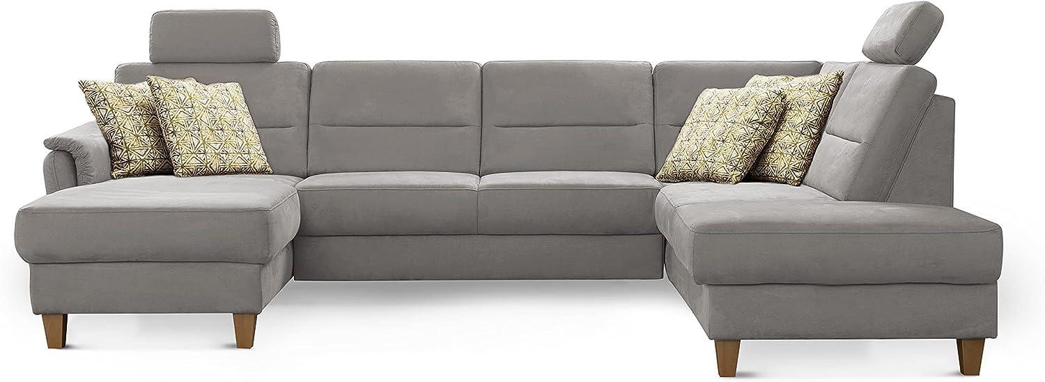 CAVADORE Wohnlandschaft Palera / U-Form Federkern-Sofa mit Schlaffunktion, Stauraum und 2 Kopfstützen / 314 x 89 x 212 / Mikrofaser, Hellgrau Bild 1